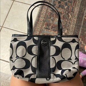 Coach Black and Cream Signature Tote with Leather Trim